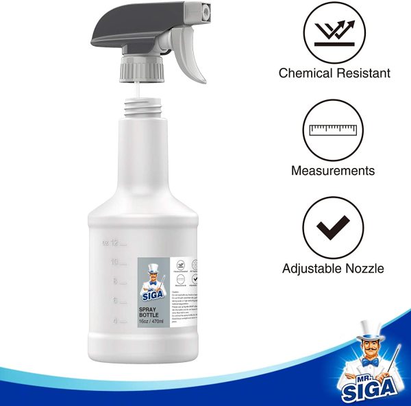 MR.SIGA 16 oz Plastic Spray Bottles for Cleaning Solutions, HDPE Commercial Grade Refillable Spray Bottles with Measurements and Adjustable Leak Proof zzle, 3 Pack - Image 2