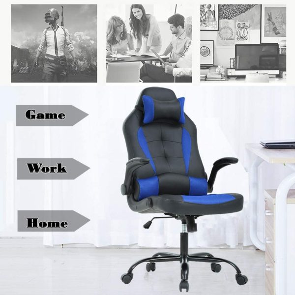 PC Gaming Chair Ergonomic Office Chair Desk Chair with Lumbar Suport Flip Up Arms Headrest Adjustable PU Leather Executive High Back Computer Chair for Women Men Adults,Blue