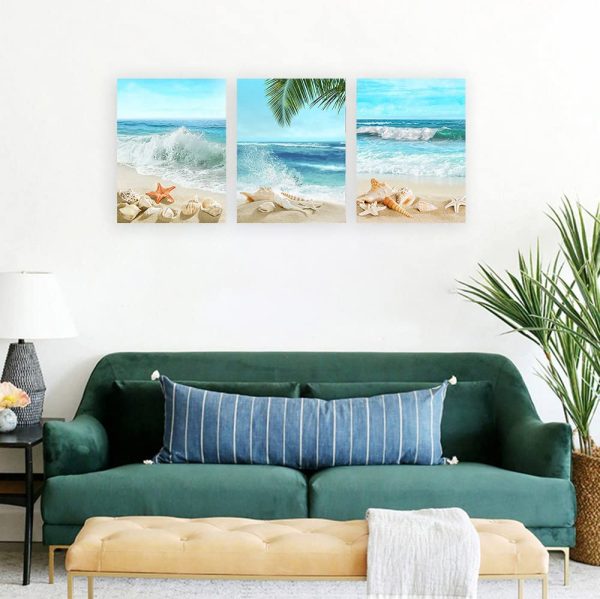 Beach Canvas Wall Art Blue Sea Tropical Beach Landscape Canvas Pictures for Wall Decor Seashell Seastar Conch on Sands Canvas Prints Artwork for Bathroom Living Room Wall Decor 30 X 40 CM X 3 Pieces