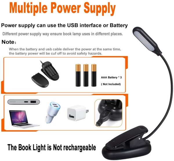 LED Book Light,  5 LEDs Reading Light, 2 Levels Color(White, Warm), 3 Levels Brightness, Clip-on Design, Designed for Night Reading, Bed Readers Light, Power supply can use the USB interface or Battery(Non-rechargeable) - Image 3