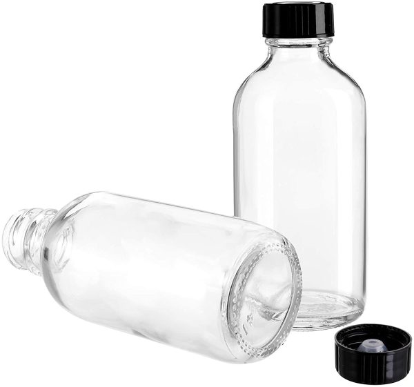 24 Pack Clear Boston Round with Black Poly Cone Cap, 4 oz Clear Glass Bottles Sample Bottles for Potion, Juice, Ginger Shots, Oils, Whiskey, Liquids - Image 4