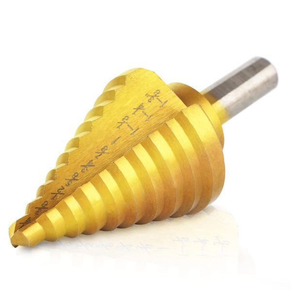 amoolo Titanium Step Drill Bit (10 Sizes), 1/4" to 1-3/8" HSS Unibit for Soft Metal Sheet, Wood, Plastic, Multiple Hole Drilling Cone Bit Set - Image 5