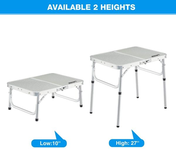 Small Folding Camping Table Portable Adjustable Height Lightweight Aluminum Folding Table for Outdoor Picnic Cooking, White 2 Foot