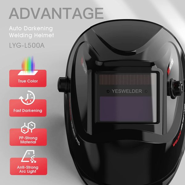 YESWELDER True Color Solar Auto Darkening Welding Helmet, Wide Shade 4/9-13 for TIG MIG ARC Weld Hood Helmet