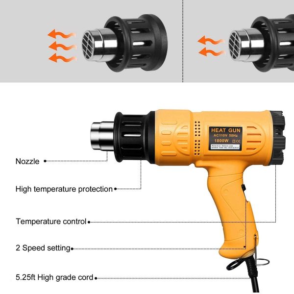 Heat Gun 1800W Heavy Duty Hot Air Gun Kit Variable Temperature Control with 2-Temp Settings 4 Nozzles 122℉~1202℉（50?? 650℃）with Overload Protection for Crafts, Shrinking PVC, Stripping Paint - Image 3