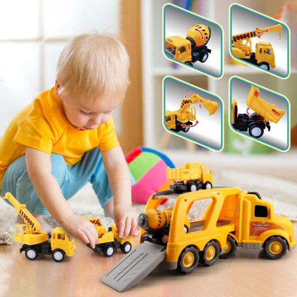 Construction Truck Toys for 3 4 5 Years Old Toddlers Kids Boys and Girls, Car Toy Set with Sound and Light, Play Vehicles in Friction Powered Carrier Truck, Small Crane Mixer Dump Excavator Toy - Image 4