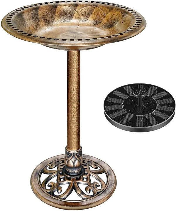 Polyresin Antique Outdoor Golden Garden Bird Bath and Solar Powered Round Pond Fountain Combo Set