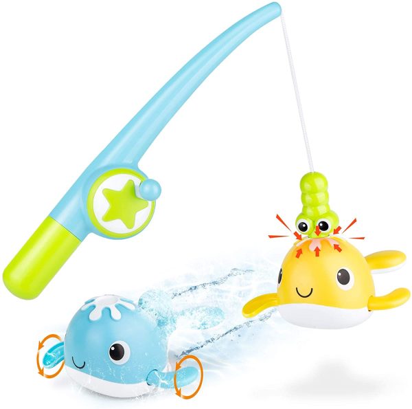 KINDIARY Baby Bath Toy, Kids Magnetic Fishing Pool Toys Game, Wind-Up Swimming Whales, Suitable for bathrooms and Swimming Pools, Perfect Education Toys, Blue/Yellow - Image 2