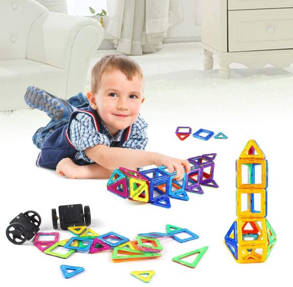 AMOSTING Magnetic Blocks Building Tiles Preschool Educational Construction Stacking Toys for 3 Years Old and Up Toddlers Boys & Girls with Ferris Wheel Stem Set & Car Wheels-100PCS - Image 6