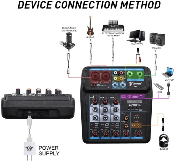 D Debra M4 Mini Audio Mixer Mixing Console Mixer Sound 4 Channel with Sound Board USB Bluetooth Audio Interface 48V Phantom Power Mixer Use for DJ Studio PC Recording Singing Webcast Party