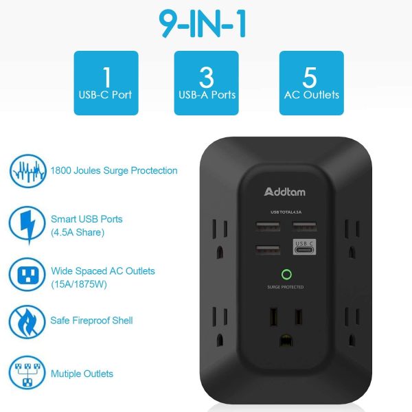 USB Wall Charger Surge Protector -  5 Outlet Extender with 4 USB Charging Ports ( 1 USB C), 3-Sided 1800J Power Strip Multi Plug Outlets Adapter Widely Spaced,Black