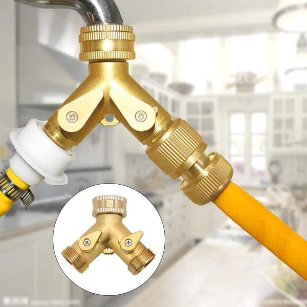 Garden Hose Connectors, 3/4 Inch Hose Splitter 2 Way Y Valve Garden Hose Adapter with 2 X3/4 Inch Brass Water Tap Outside Tap Kit