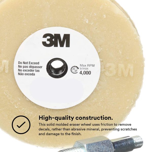 3M Stripe Off Wheel ??Adhesive Remover ??Eraser Wheel ??Removes Decals, Stripes, Vinyl, Tapes and Graphics ??4??diameter x 5/8??thick ??3/8-16 threaded mandrel ??07498 ??Pack of 1 - Image 4