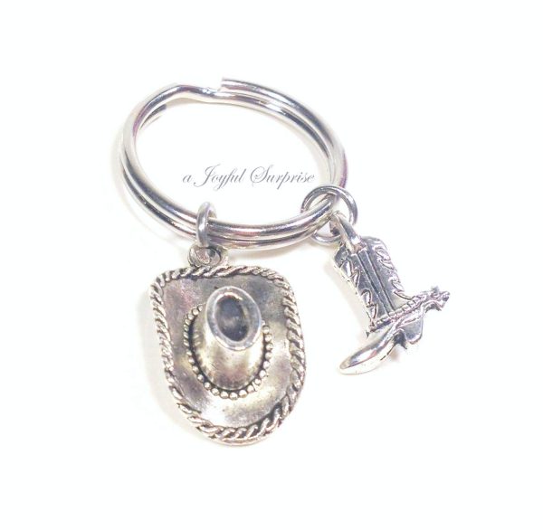 Cowboy Keychain, Gift for Rancher or Farmer Key Chain, Country Girl or Boy Keyring, Birthday or Christmas Present - Cowboy Hat and Boots Keyring, ranch hand son daughter, Best Friend Present, Coworker with Letter Initial Birthstone Monogram Rodeo Farming Silver