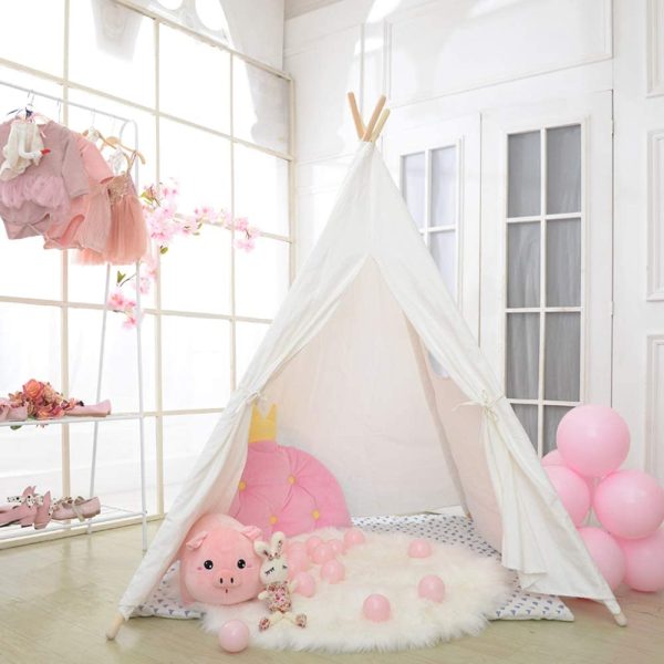 Monobeach Teepee Tent for Kids Foldable Children Play Tent for Girl and Boy with Carry Case 4 Poles White Canvas Playhouse Toy for Indoor and Outdoor Games  (White)