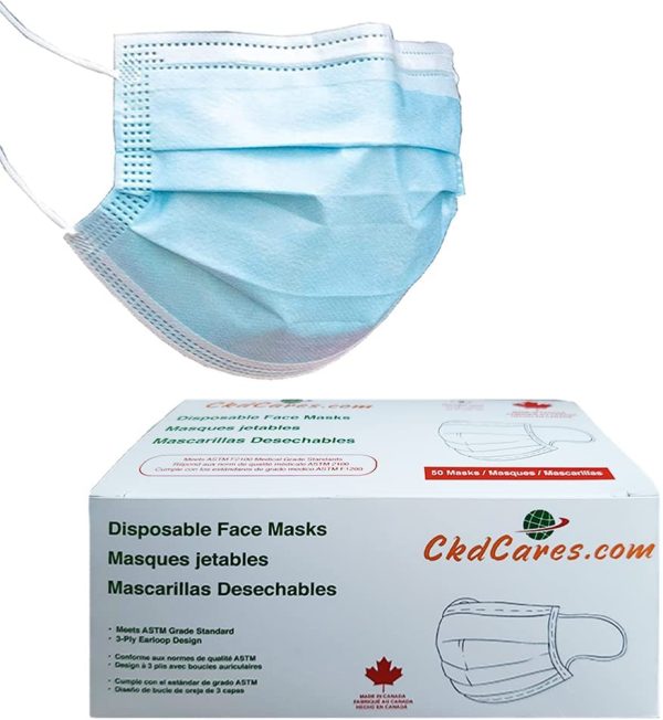 CKDCares LEVEL-3 Disposable Face Masks - Made in Canada, 3 Layered Pattern, Elastic Ear-loops and Adjustable Nose Bridge Strip - Adult Size, Pack of 50 (Blue) - Image 2