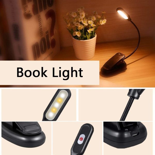 LED Book Light,  5 LEDs Reading Light, 2 Levels Color(White, Warm), 3 Levels Brightness, Clip-on Design, Designed for Night Reading, Bed Readers Light, Power supply can use the USB interface or Battery(Non-rechargeable) - Image 2