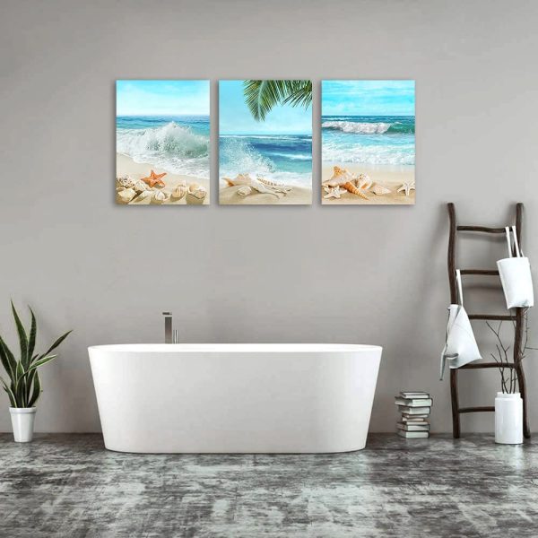 Beach Canvas Wall Art Blue Sea Tropical Beach Landscape Canvas Pictures for Wall Decor Seashell Seastar Conch on Sands Canvas Prints Artwork for Bathroom Living Room Wall Decor 30 X 40 CM X 3 Pieces - Image 2