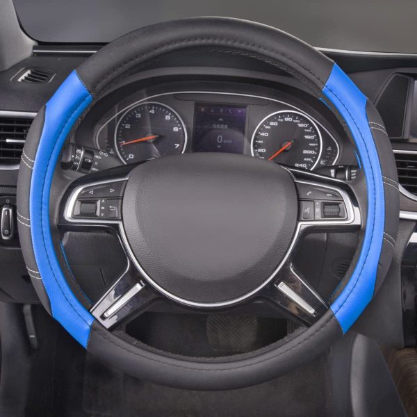 CAR PASS Line Rider Faux Leather Steering Wheel Cover Universal Fits for Truck,SUV,Cars (Black with Blue)