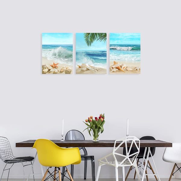 Beach Canvas Wall Art Blue Sea Tropical Beach Landscape Canvas Pictures for Wall Decor Seashell Seastar Conch on Sands Canvas Prints Artwork for Bathroom Living Room Wall Decor 30 X 40 CM X 3 Pieces - Image 6