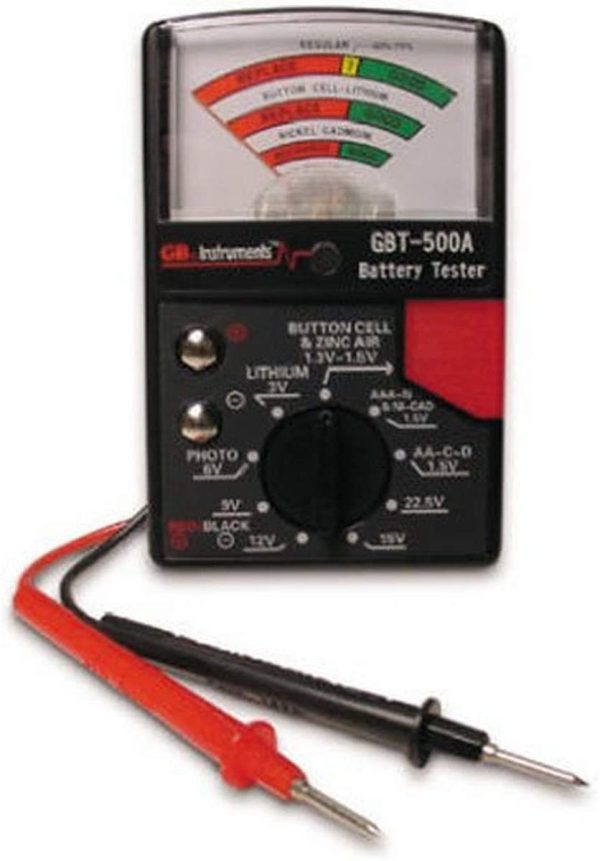 GBT-500A Analog 1.5 V Button Cell/22.5 Photo/AA/AAA/12 V/9 V/Lantern Cells & More, Leads Battery Tester,14 Battery Range, Black