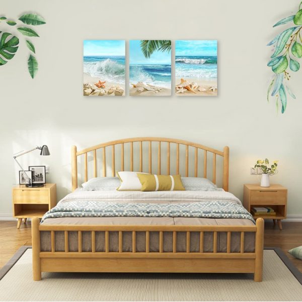 Beach Canvas Wall Art Blue Sea Tropical Beach Landscape Canvas Pictures for Wall Decor Seashell Seastar Conch on Sands Canvas Prints Artwork for Bathroom Living Room Wall Decor 30 X 40 CM X 3 Pieces - Image 4