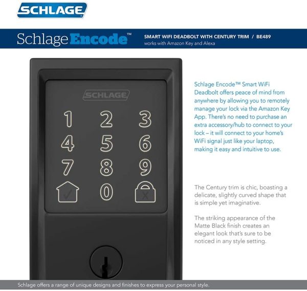 SCHLAGE Encode Smart WiFi Deadbolt with Century Trim in Matte Black (BE489WB CEN 622) - Image 3