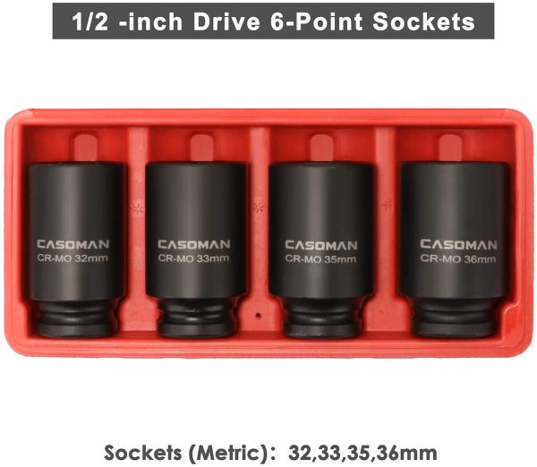 1/2" Drive Deep Spindle Axle Nut Impact Socket Set, 6 Point, CR-MO,32,33,35,36mm, 4PC 1/2-Inch Impact Socket Set, Heavy Duty Use in Removing and Installing Axle Nuts - Image 9