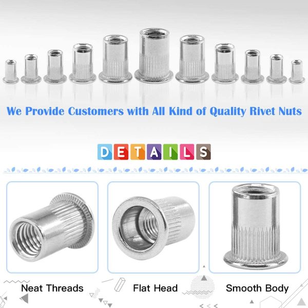 180Pcs 304 Stainless Steel Flat Head Threaded Rivetnut Insert Nutsert Rivet Nut Assortment Kit - M3 M4 M5 M6 M8 M10 - Image 7