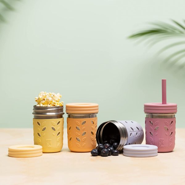 Stainless Steel Cups | Mason Jar 10oz | Kids & Toddler Cups with Silicone Sleeves & Silicone Straws with Stopper | Spill Proof Cups for Kids, Smoothie Cups