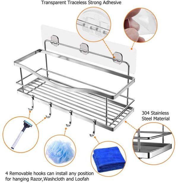 KINCMAX Shower Caddy Basket Shelf Pack of 2 - Self Adhesive Drill-Free Kitchen or Bathroom Organizer - Shower Shelves w/ Hooks for Hanging Accessories like Razor