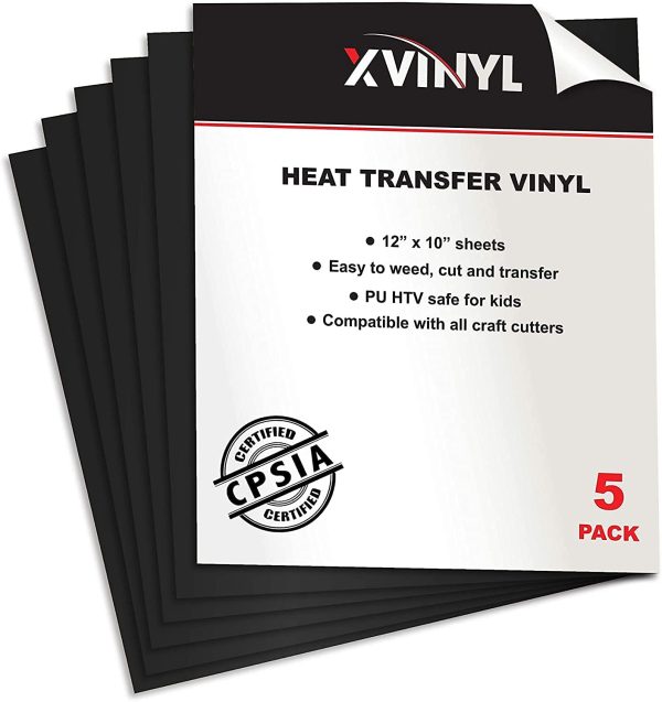 Heat Transfer Vinyl Iron On HTV (Black, 5 Sheets 12" x 10")