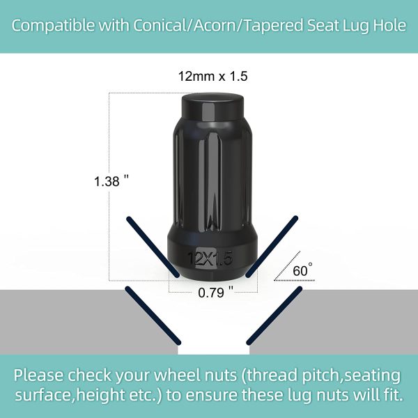 Lug Nuts 12x1.5 Acorn, m12x1.5 Closed End Bulge Acorn Wheel Lug Nuts Conical Seat 1.38" Tall Compatible for Acura Ford Honda Mazda Saturn Toyota Buick Mitsubishi with 1 Key - Image 2