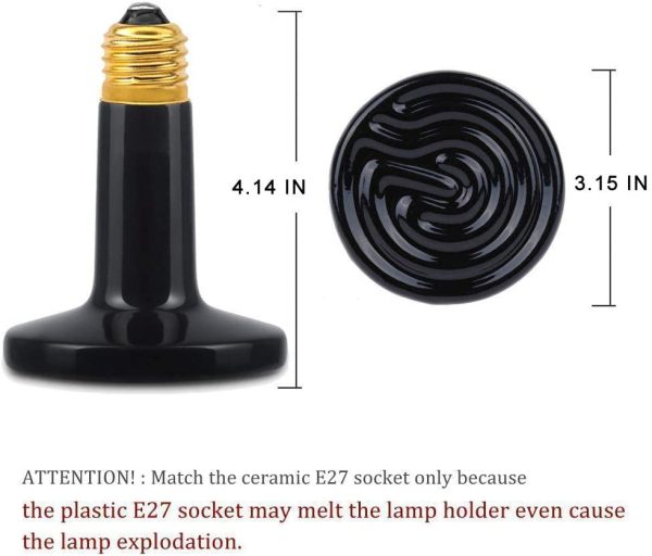 CRLight 100W Ceramic Heat Emitter Infrared Heat Lamp Bulb for Reptile Amphibian Pet Brooder Coop Chicken Lizard Turtle Snake Aquarium, No Light No Harm, AC 90-120V, 24hr Heat Source 100% Efficiency, Black 2-Pack