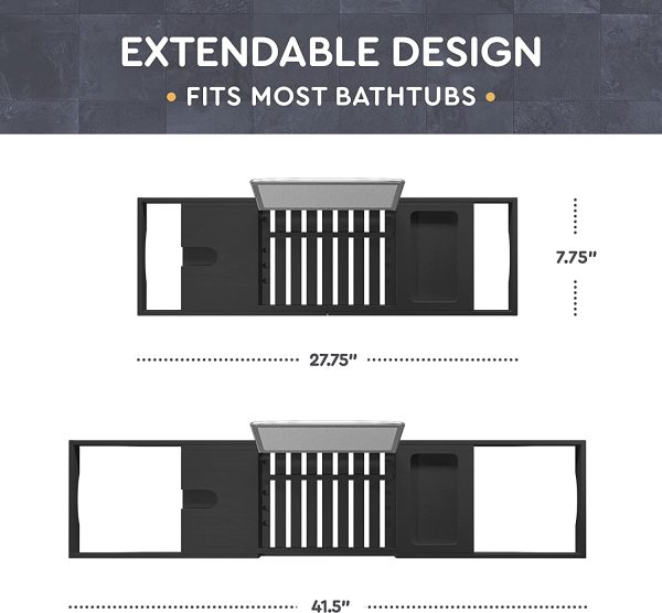 Bamboo Bathtub Tray - Expandable Bath Tub Tray Bathtub Caddy Tray- Adjustable Organizer Tray for Bathroom - Luxury Bath Caddy Tub Table Bathroom Accessories - Unique Gift for Women and Men (Black) - Image 3