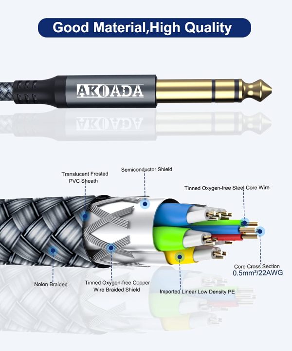 1/4 Inch TRS Instrument Cable 2 Pack 10 ft, AkoaDa Right Angle 6.35mm Male to Male Stereo Jack Balanced Audio Path Cord Interconnect Cable for Mixer, Speaker, Microphone, Equalizer, Amp, Bass, & More - Image 5