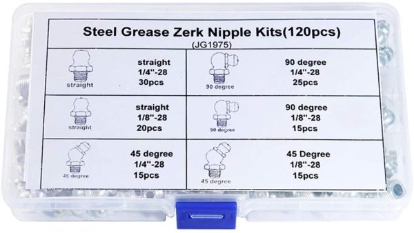 120pcs SAE Standard 1/4"-28 1/8"-28 Assortment Kits of Hydraulic Lubrication Steel Zerk Grease Nipple Fitting Straight and 90 and 45 Degree Angled for Oil Gun - Image 2