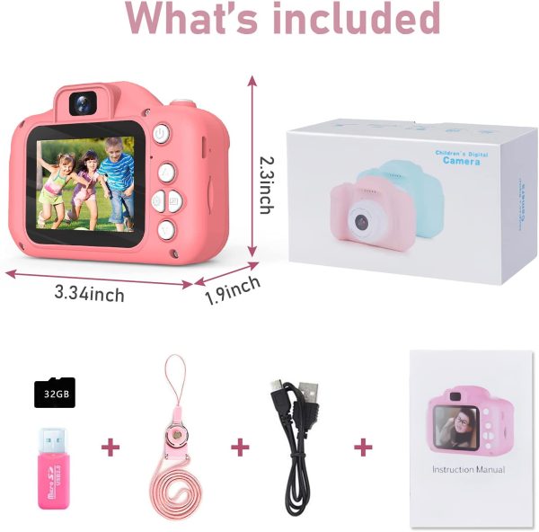 Kids Camera for Girls, 1080P HD Children's Digital Camera Toy, Toddler Selfie Video Camcorder for 3 4 5 6 7 8 9 Years Old with 32GB SD Card for Christmas Birthday Gift -Pink