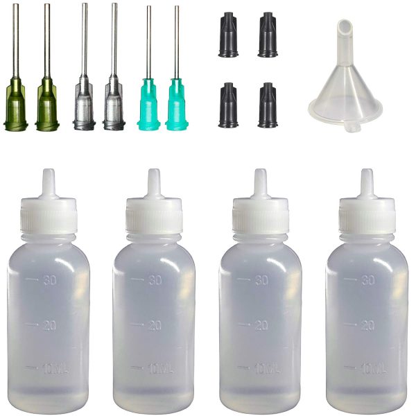 4 Pack Applicator Bottle with Blunt Needle Tip - 30ml Squeezable Dropper Bottles, Storage Caps, 14ga 16ga 18ga Needle Tips and Mini Funnel, Use for Glue Applications, Precision Oiler, Lab Dispensing