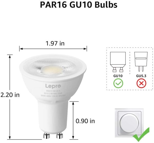 GU10 LED Bulbs, 5.5W Dimmable LED GU10 Bulb 50W Halogen Bulbs Equivalent, 400lm PAR16 LED Spotlight Bulb, 5000K Daylight White, 6 Packs - Image 6