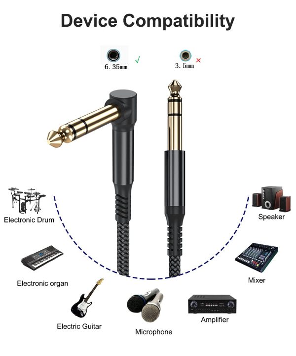 1/4 Inch TRS Instrument Cable 10FT 2-Pack,Right-angle to Straight 6.35mm Male Jack Stereo Audio Cord,6.35 Balanced Interconnect Line for Electric Guitar,Bass,Keyboard,Mixer,Amplifier,Speaker,Equalizer - Image 4