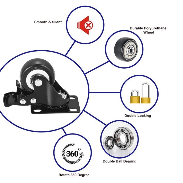 BOSGEOT 2" Caster Wheels, Heavy Duty Casters with Brake Set of 4, Locking Casters with 360 Degree No Noise Polyurethane (PU) Wheels, Swivel Plate Castors Pack of 4 - Image 2