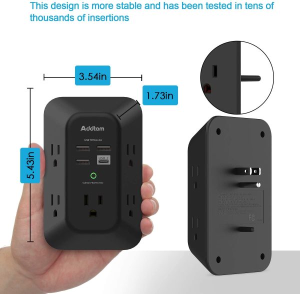 USB Wall Charger Surge Protector -  5 Outlet Extender with 4 USB Charging Ports ( 1 USB C), 3-Sided 1800J Power Strip Multi Plug Outlets Adapter Widely Spaced,Black - Image 2