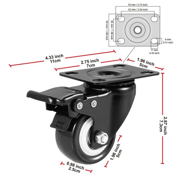 BOSGEOT 2" Caster Wheels, Heavy Duty Casters with Brake Set of 4, Locking Casters with 360 Degree No Noise Polyurethane (PU) Wheels, Swivel Plate Castors Pack of 4