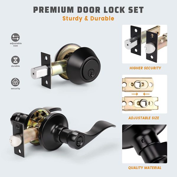 1 Pack Exterior Door Levers Door Lock Set with Double Keyed Deadbolt, Entry Door Handle Set with Deadbolt Lever Door Handle, Matte Black (Keyed Alike) - Image 2