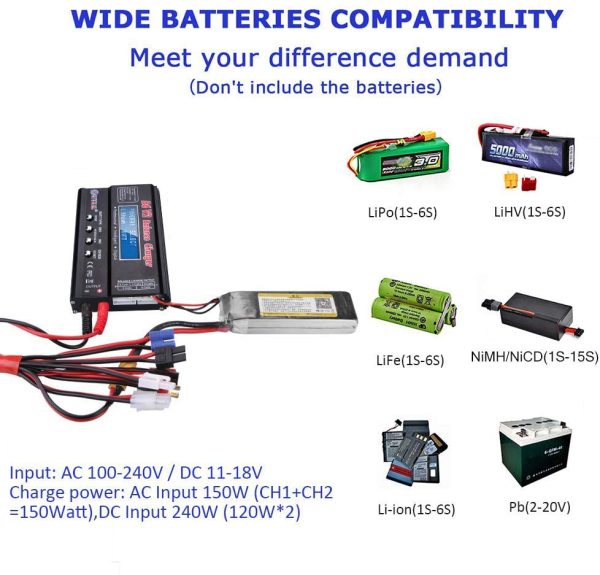 RC Charger 1S-6S LiPo Battery Charger Balance Discharger Digital Battery Pack Charger for NiMH/NiCD/Li-Fe/LiHV/Li-ion Packs with LCD Display Deans Connectors Power Supply(Black) - Image 4