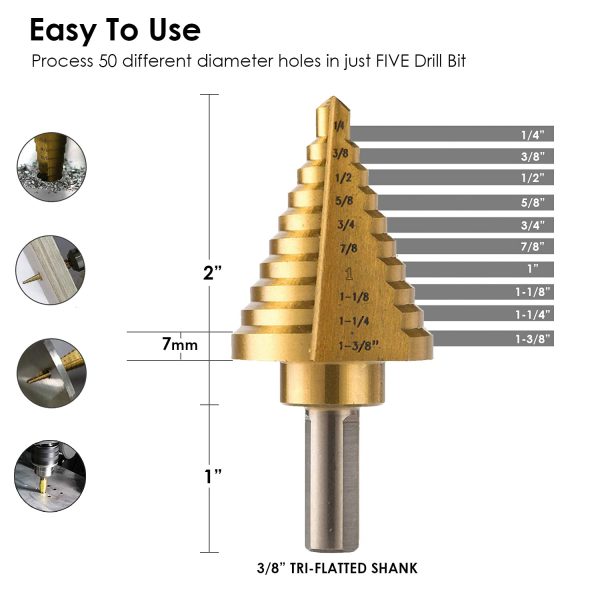 amoolo Titanium Step Drill Bit (10 Sizes), 1/4" to 1-3/8" HSS Unibit for Soft Metal Sheet, Wood, Plastic, Multiple Hole Drilling Cone Bit Set - Image 7