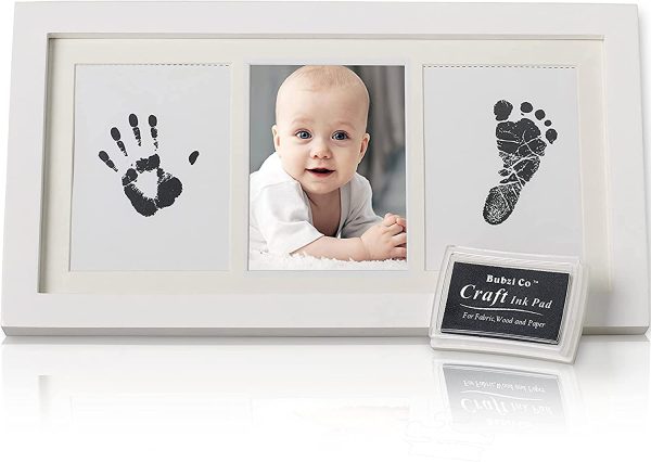 Precious Baby Handprint and Footprint Frame Kit - Baby Prints Photo Keepsake in White with Non-Toxic Ink Pad - Quality Wood Frame With Safe Acrylic Glass - Great Baby Gift For Baby Registry