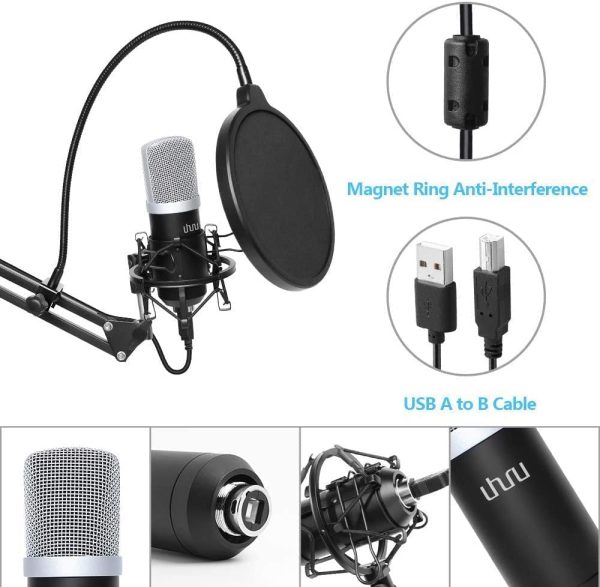 USB Microphone, UHURU USB Podcast Microphone Kit with Metal Pop Filter Arm Stand Plug & Play Singing Microphone for Streaming Recording Gaming Voiceover (UM-900) - Image 2