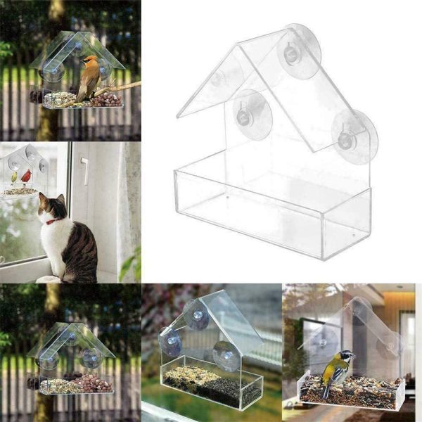 Bird Feeder, Window Bird House Crystal Clear Acrylic with Seed Tray, Drain Holes and 3 Strong Extra Suction Cups, Weatherproof Design, Squirrel Resistant, Drains Rain Water, Great Gift Idea for Nature Lovers